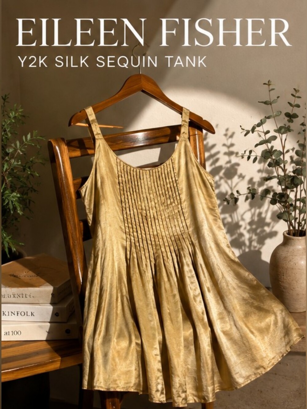 Eileen Fisher Gold Silk Sequin Pintuck Tank,  SMALL